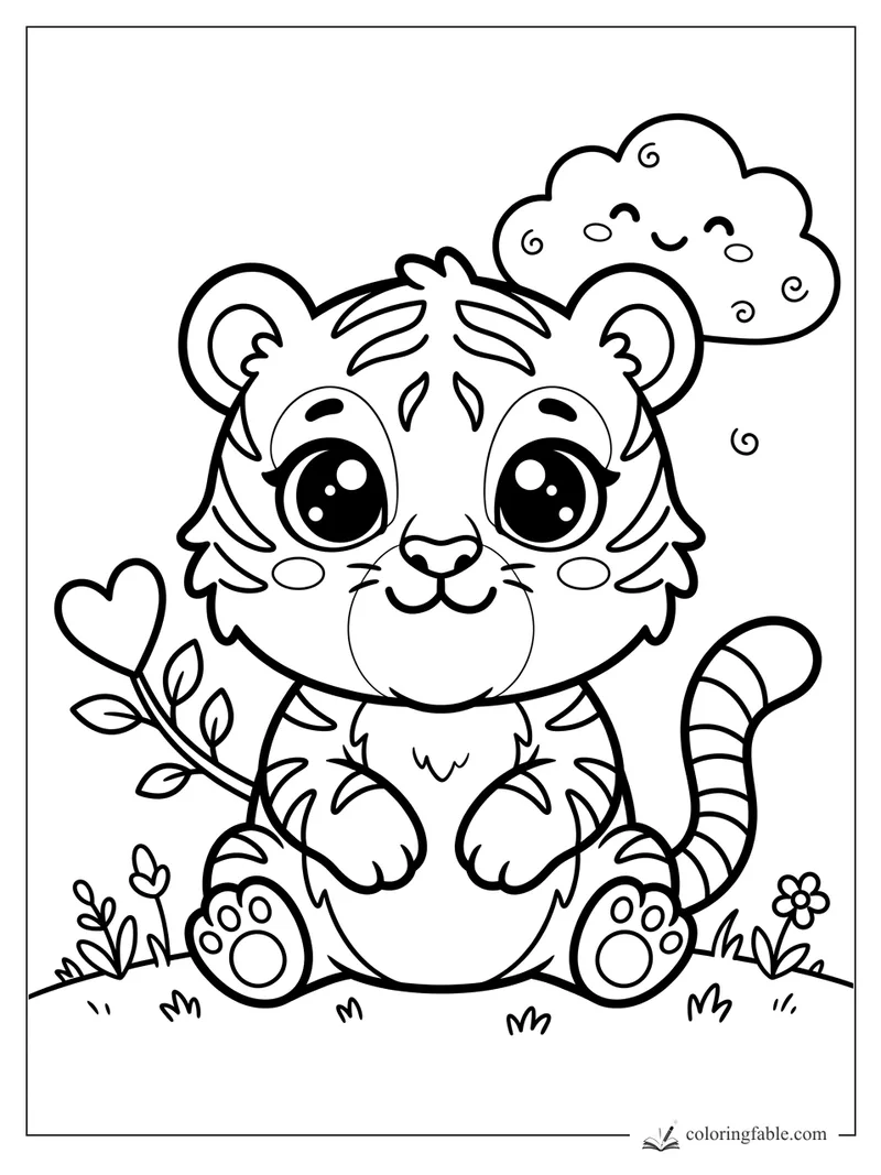 Kawaii tiger cub sitting in grass with big eyes, striped tail, heart plant, flowers, and smiling cloud.