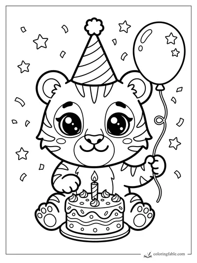 Kawaii tiger with party hat, balloon, confetti, stars, and a birthday cake with one candle