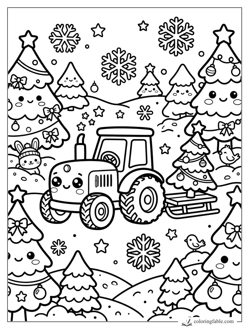 Kawaii tractor pulling a decorated Christmas tree sled through snowy hills with smiling trees and snowflakes