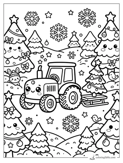 Kawaii tractor pulling a decorated Christmas tree sled through snowy hills with smiling trees and snowflakes