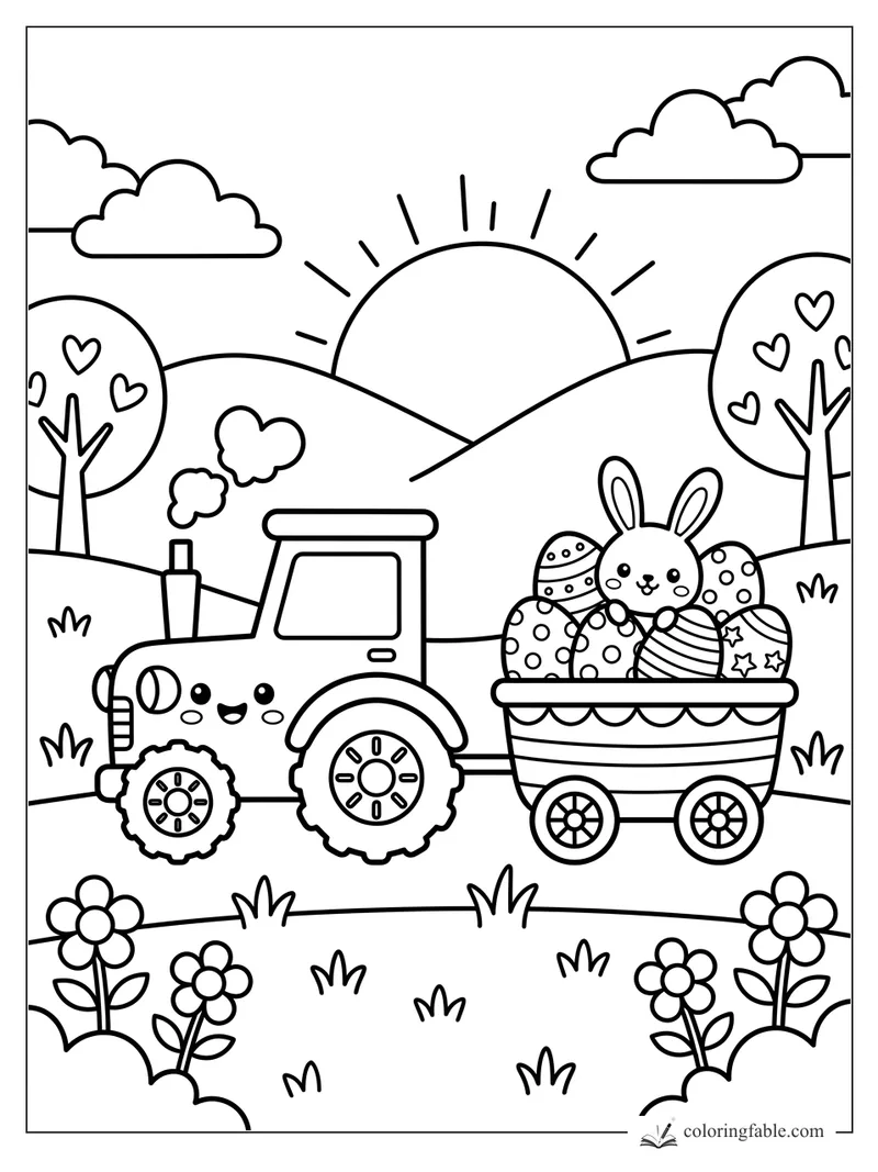 Cute tractor pulling a wagon of Easter eggs and a bunny at sunrise in a hilly field