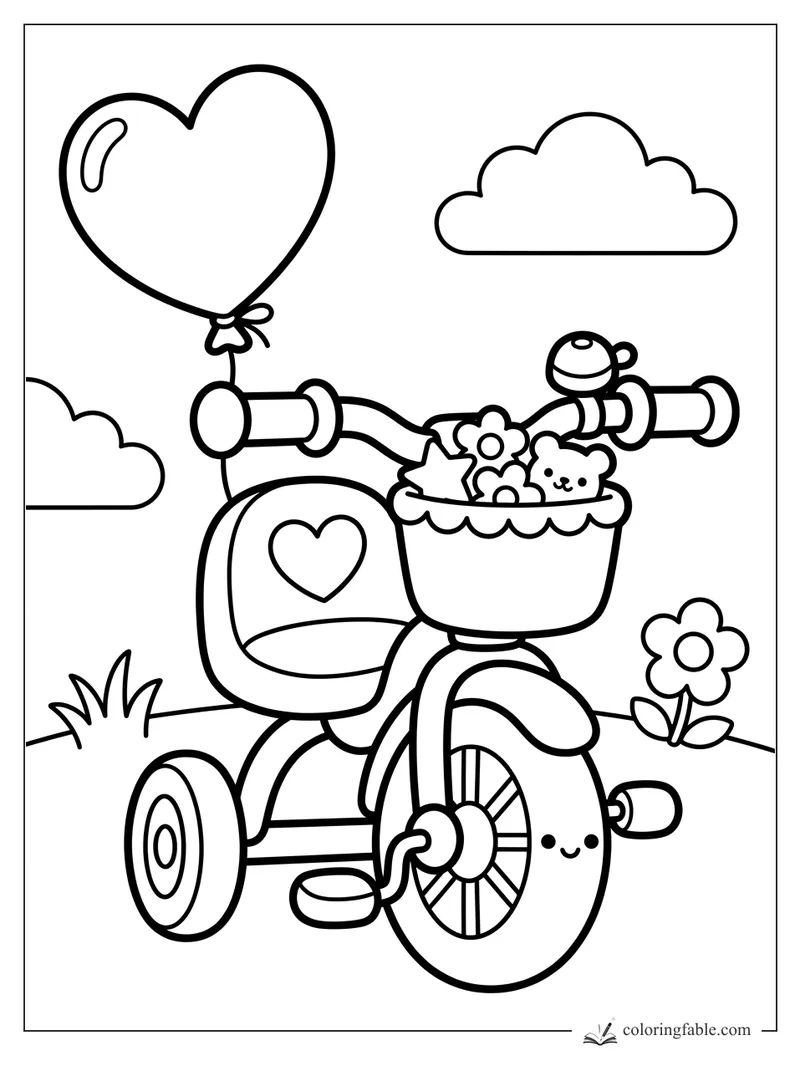 Kawaii tricycle coloring page with heart balloon, flower basket, teddy bear, bell, clouds, and smiling wheel.