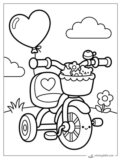 Kawaii tricycle coloring page with heart balloon, flower basket, teddy bear, bell, clouds, and smiling wheel.