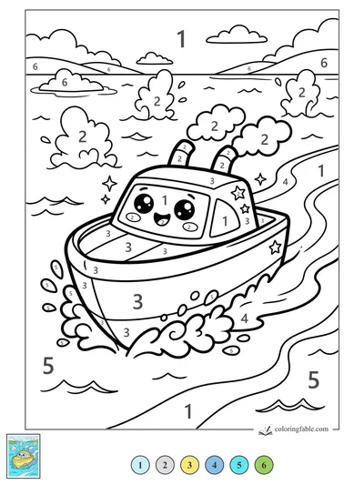 Kawaii Tugboat Following a Curvy Wake — color by number