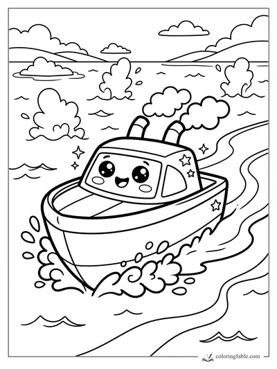 Kawaii tugboat with a smiling face, smokestacks, stars, waves, clouds, and a curvy wake.