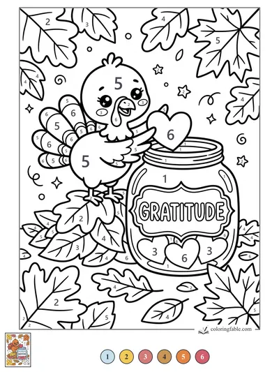 Kawaii Turkey Filling a Gratitude Jar — color by number