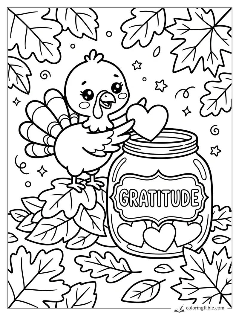 Kawaii turkey dropping a heart into a gratitude jar, surrounded by fall leaves and tiny stars.