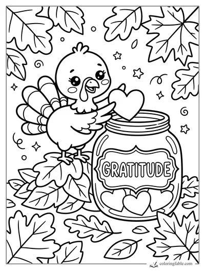 Kawaii turkey dropping a heart into a gratitude jar, surrounded by fall leaves and tiny stars.