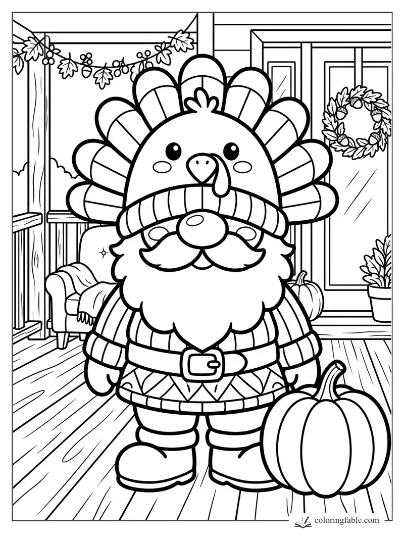 Kawaii turkey gnome with feather hat, pumpkin, porch garland, and acorn wreath for Thanksgiving coloring.