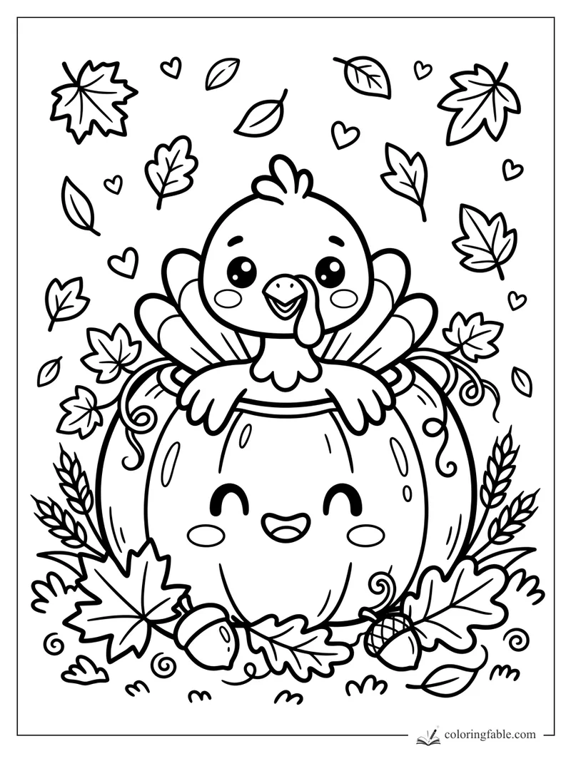 Kawaii turkey peeking over a smiling pumpkin with fall leaves, acorns, wheat, and tiny hearts.