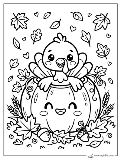 Kawaii turkey peeking over a smiling pumpkin with fall leaves, acorns, wheat, and tiny hearts.