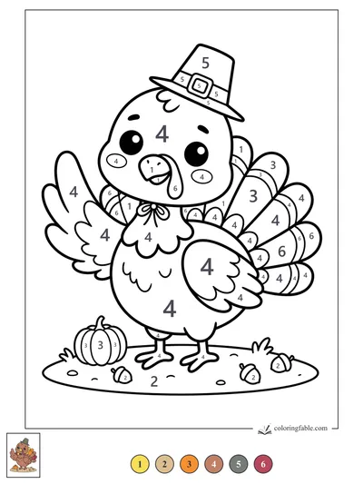 Kawaii Turkey in a Pilgrim Hat — color by number
