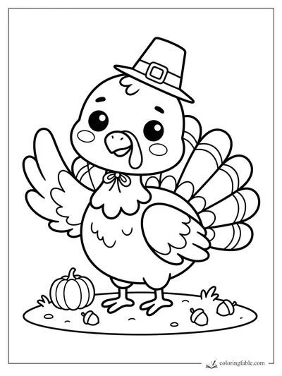 Cute Thanksgiving turkey wearing a pilgrim hat, with pumpkin, acorns, and fanned tail feathers.