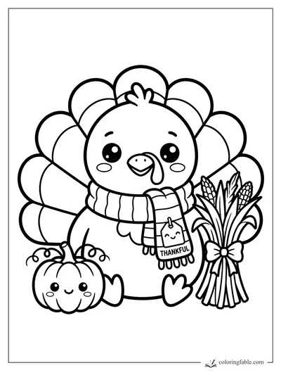 Kawaii fall turkey wearing a thankful scarf beside a smiling pumpkin and bundled corn stalks