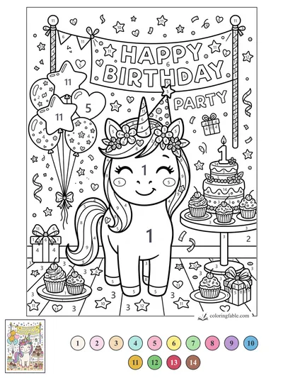 Kawaii Unicorn at a Happy Birthday Party — color by number