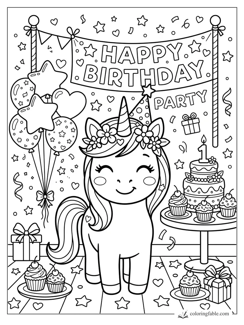 Kawaii unicorn in a party hat under a Happy Birthday banner with balloons, cupcakes, gifts, and confetti.