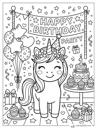 Kawaii unicorn in a party hat under a Happy Birthday banner with balloons, cupcakes, gifts, and confetti.