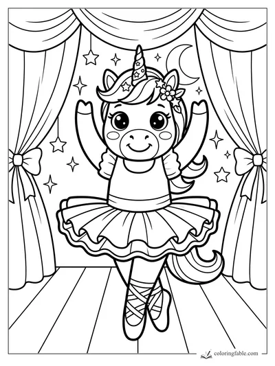 Kawaii unicorn ballerina posing onstage with curtains, moon, stars, tutu, and ballet slippers