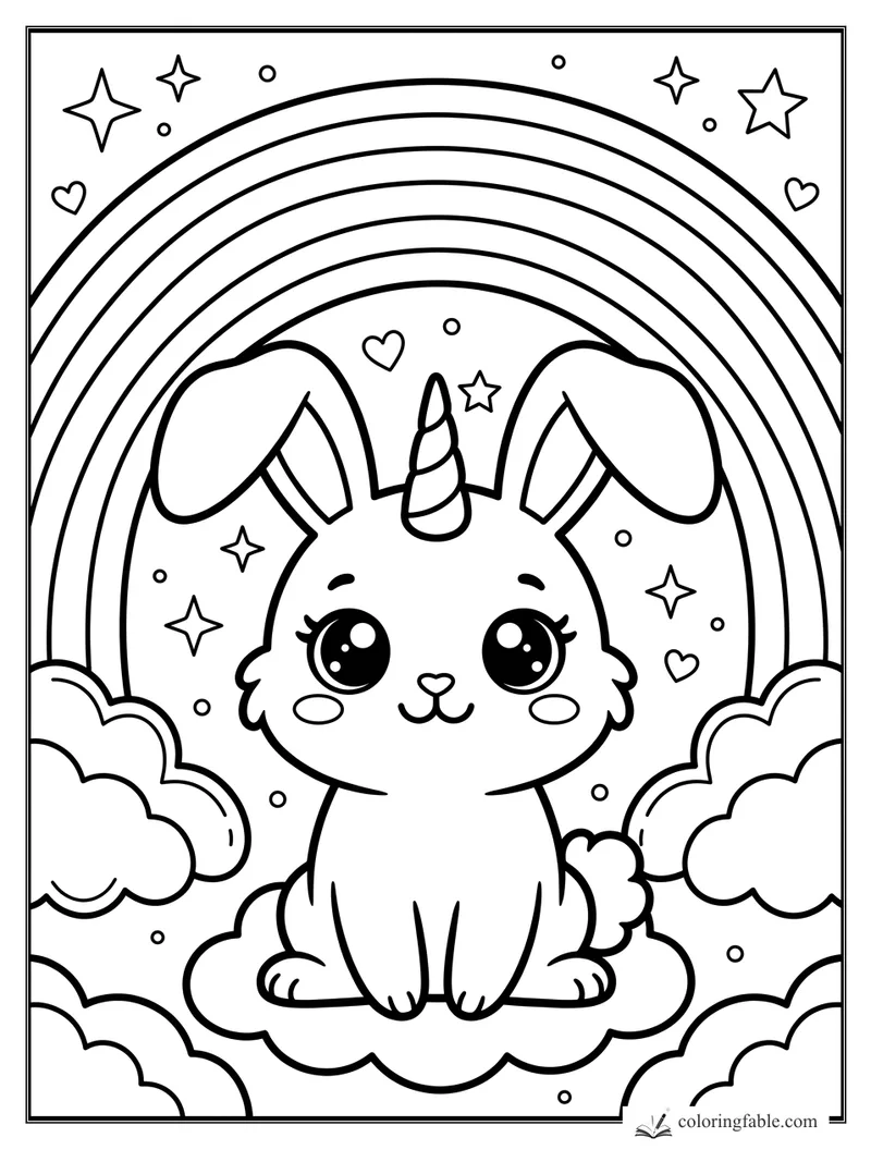 Kawaii rabbit with unicorn horn sitting on clouds beneath a rainbow, stars, dots, and hearts.