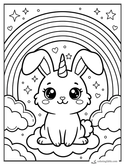 Kawaii rabbit with unicorn horn sitting on clouds beneath a rainbow, stars, dots, and hearts.