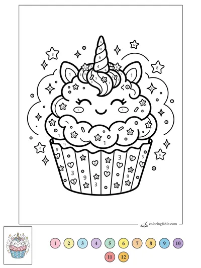 Kawaii Unicorn Cupcake with Star Sprinkles — color by number