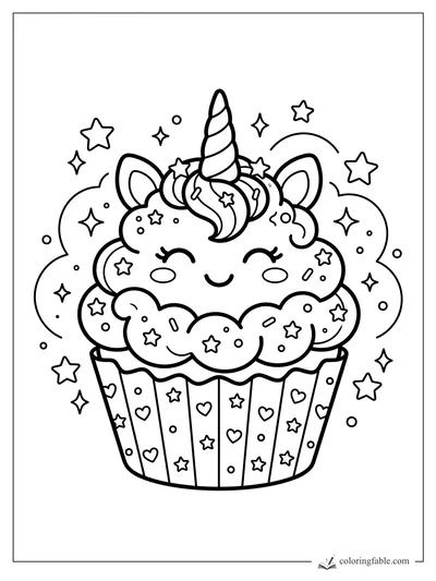 Kawaii unicorn cupcake with smiling frosting, striped horn, ears, stars, hearts, and sparkles.
