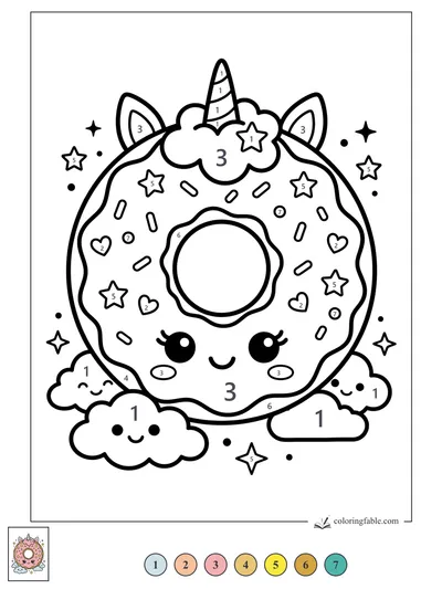 Kawaii Unicorn Donut with Clouds — color by number