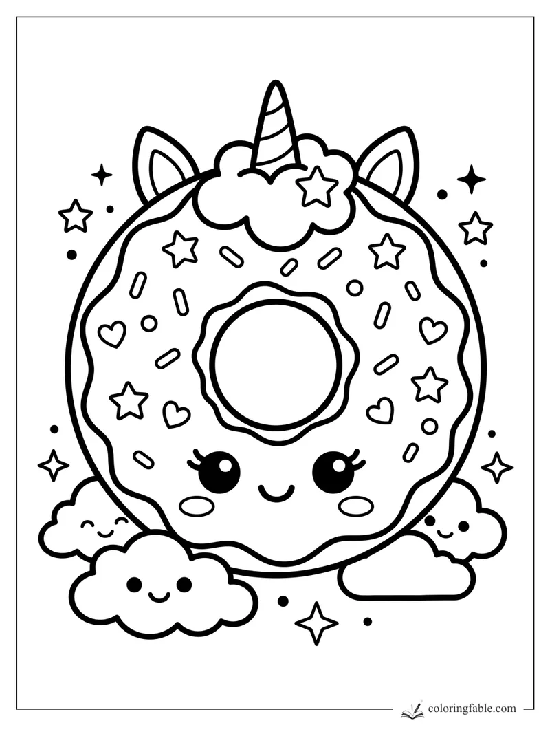 Kawaii unicorn donut with horn, ears, sprinkles, stars, hearts, and smiling clouds.