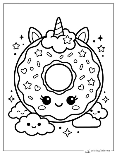 Kawaii unicorn donut with horn, ears, sprinkles, stars, hearts, and smiling clouds.