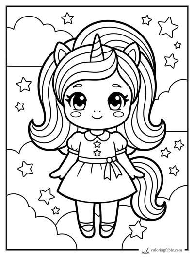 Kawaii unicorn girl with pigtails, horn, rainbow, stars, clouds, and a star-trimmed dress.