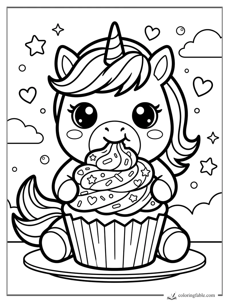 Kawaii unicorn sitting in a cupcake with swirled frosting, sprinkles, hearts, stars, and clouds.