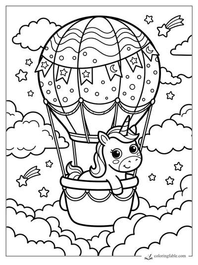 Kawaii unicorn riding a decorated hot air balloon among clouds, stars, and shooting stars