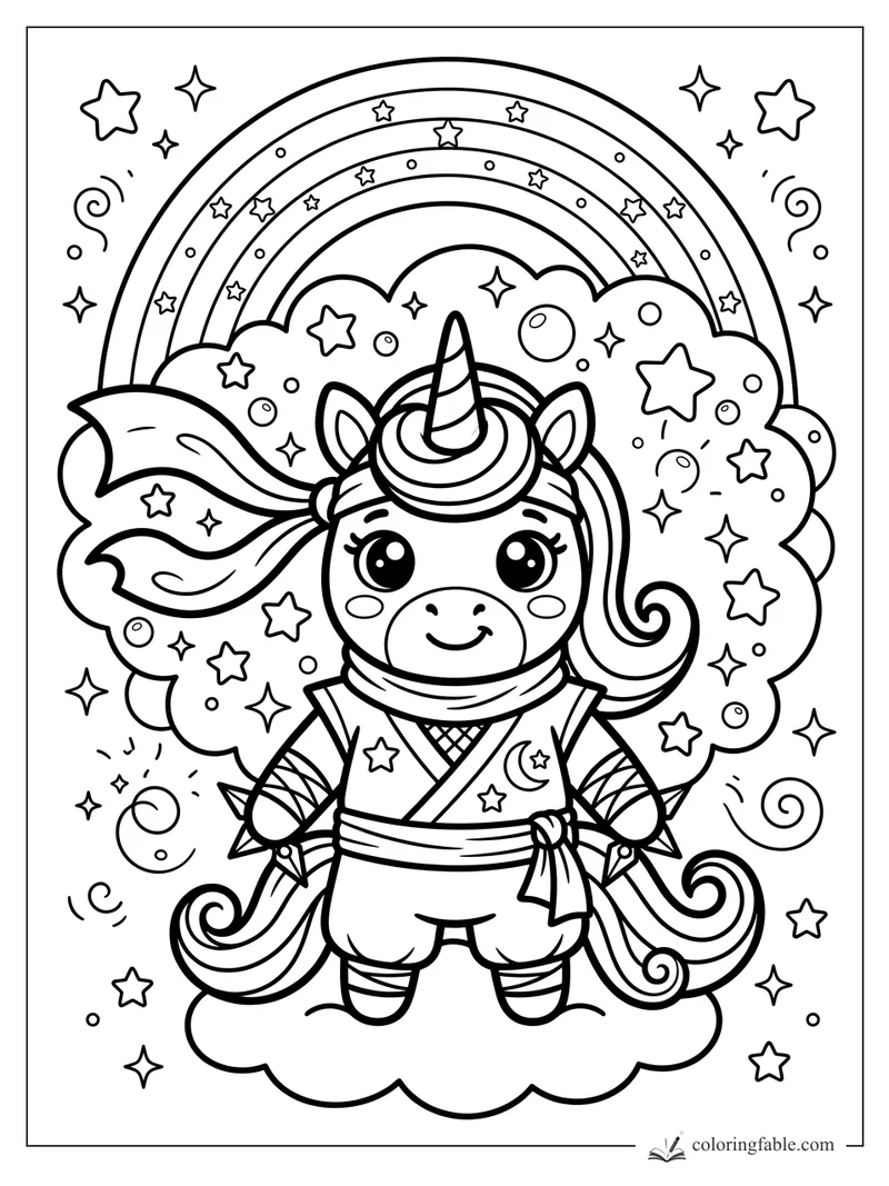 Kawaii unicorn ninja in a robe with scarf, stars, clouds, and a rainbow