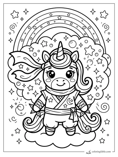 Kawaii unicorn ninja in a robe with scarf, stars, clouds, and a rainbow