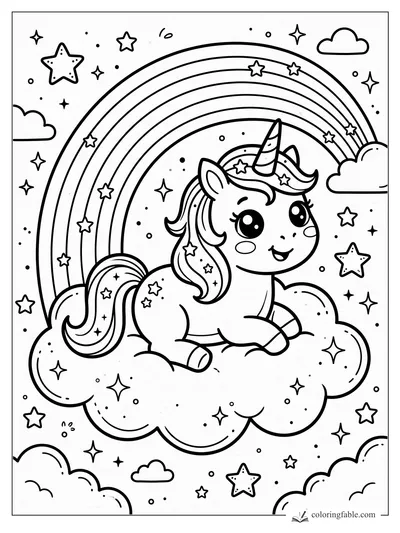 Kawaii unicorn resting on a fluffy cloud beneath a rainbow, surrounded by stars and tiny clouds.