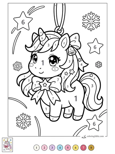 Kawaii Unicorn Ornament with Bow and Snowflakes — color by number