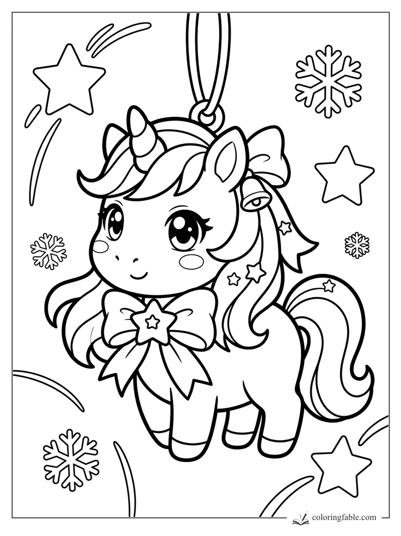 Kawaii unicorn ornament with a horn, ribbon bow, hanging loop, stars, and snowflakes.