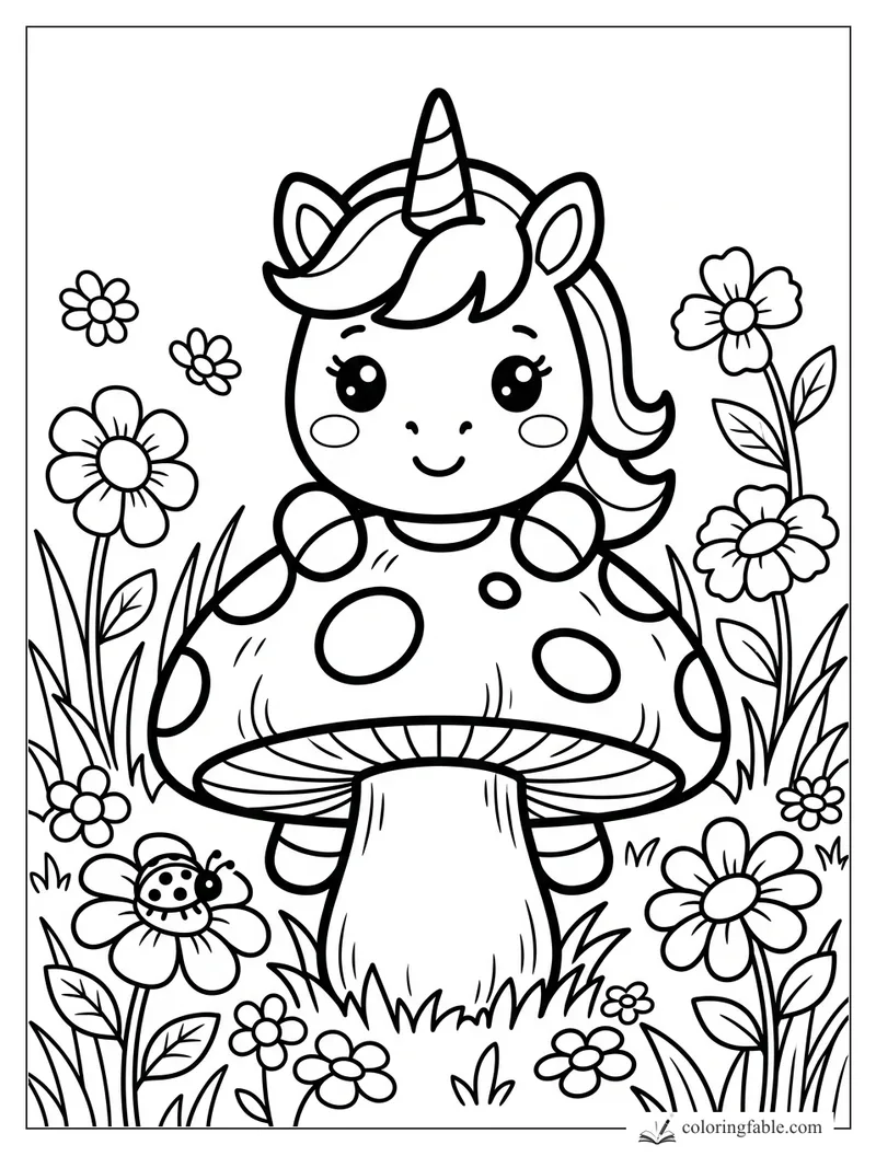 Kawaii unicorn peeking over a spotted mushroom among flowers, grass, and a ladybug