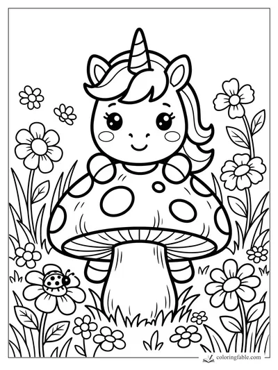 Kawaii unicorn peeking over a spotted mushroom among flowers, grass, and a ladybug