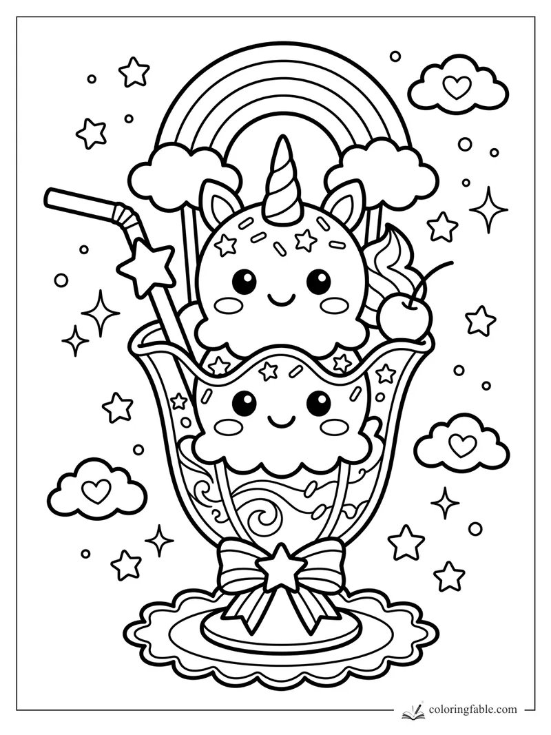 Kawaii unicorn ice cream sundae with rainbow, cherries, star wand, clouds, hearts, and sprinkles.