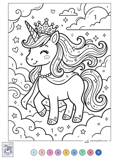 Kawaii Unicorn Wearing a Starry Crown — color by number