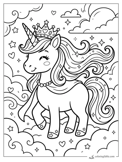 Kawaii unicorn with a jeweled crown, flowing mane, cape, clouds, stars, and hearts to color