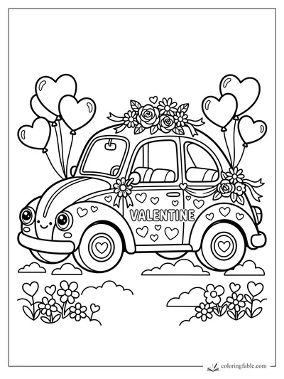 Kawaii Valentine Beetle car with heart balloons, flowers, smiling headlights, and heart wheels