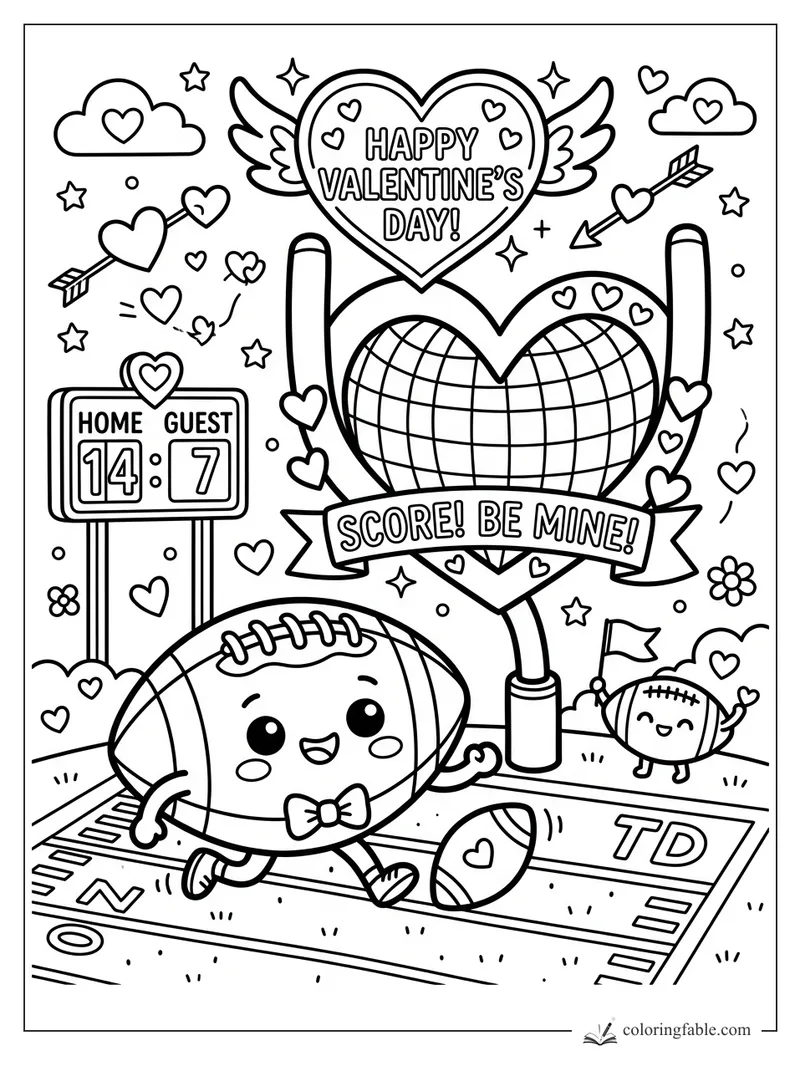 Kawaii football with bow tie on a Valentine field, heart goalpost, scoreboard, arrows, and balloons.