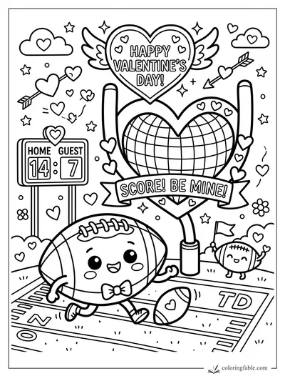 Kawaii football with bow tie on a Valentine field, heart goalpost, scoreboard, arrows, and balloons.