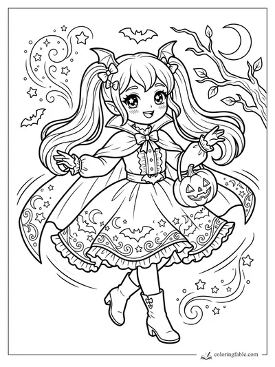 Kawaii vampire girl with twin ponytails, bat wings, pumpkin pail, moon, stars, bats, and bare tree branches.