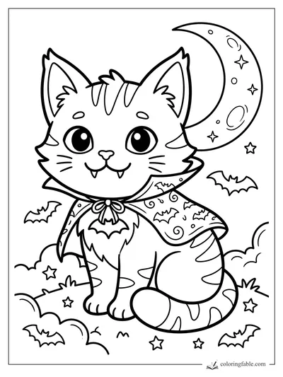 Kawaii vampire kitten in a bat-pattern cape under a crescent moon with stars and flying bats