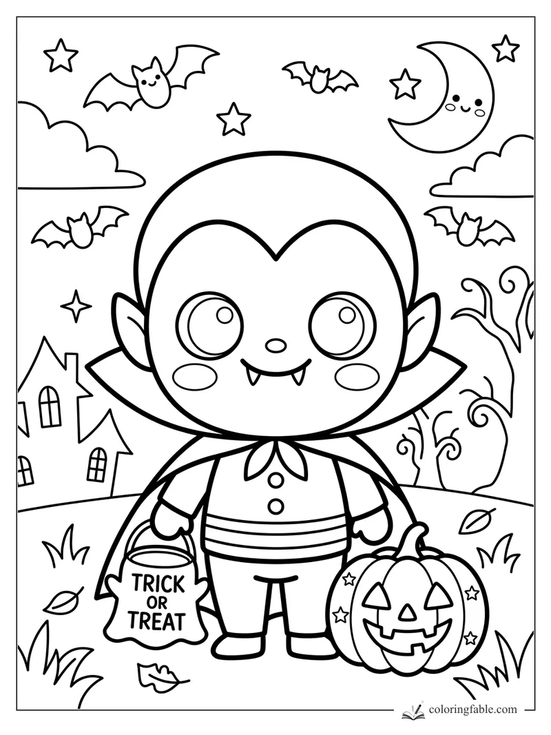 Kawaii vampire holding a trick-or-treat bag beside a jack-o'-lantern under bats, stars, and a moon.