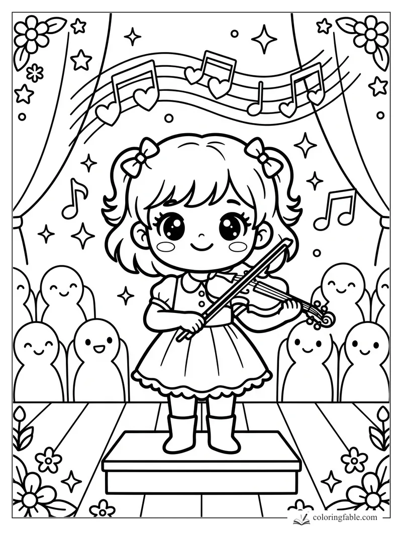 Kawaii girl playing violin on stage with smiling audience, music notes, stars, curtains, and flowers