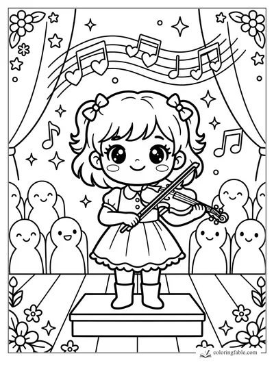 Kawaii girl playing violin on stage with smiling audience, music notes, stars, curtains, and flowers
